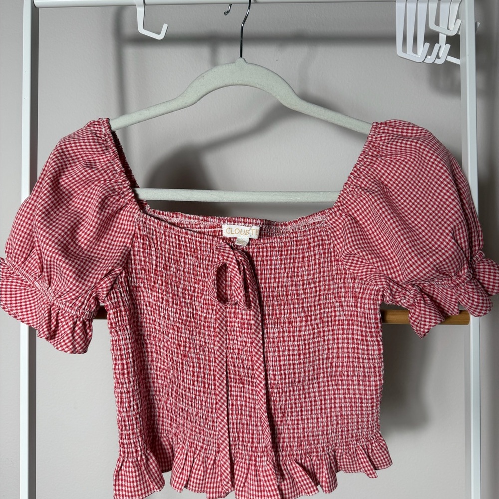 Chic Red Checkered Puff Sleeve Blouse